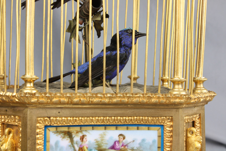 Museum-standard ormolu-bronze and Sevres-plaques double singing birds-in-cage, by Bontems