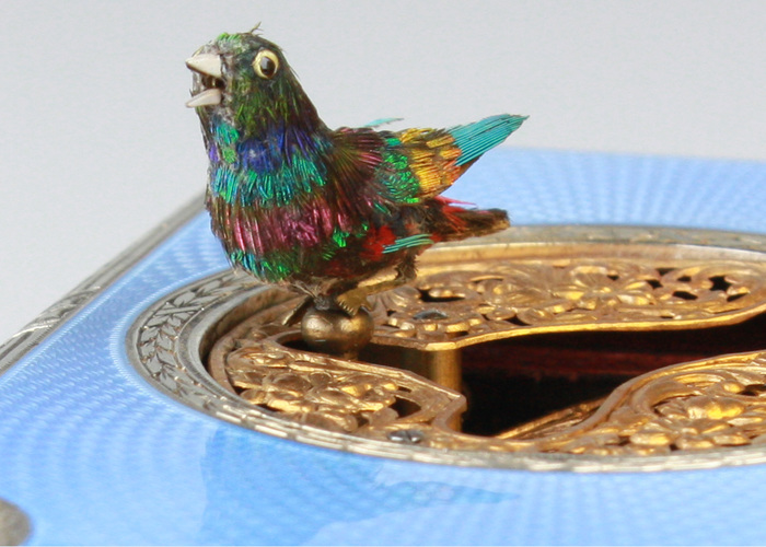 A very fine silver gilt and enamel singing bird box with timepiece, by C. H. Marguerat