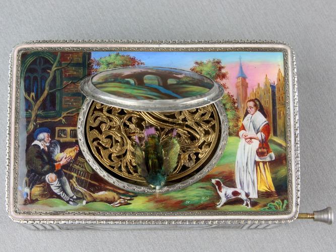 An exceptional silver and full pictorial enamel singing bird box, by Karl Griesbaum, Model 7, circa 1930