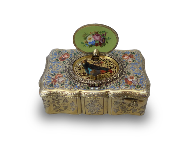 Antique Charles Bruguier singing bird box, fusee movement, silver gilt and enamel case