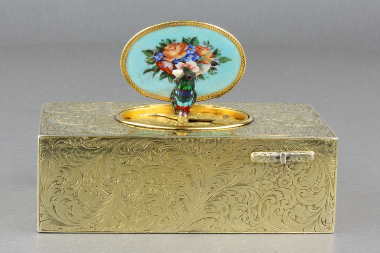 Antique silver-gilt and pictorial enamel singing bird box, by Rochat