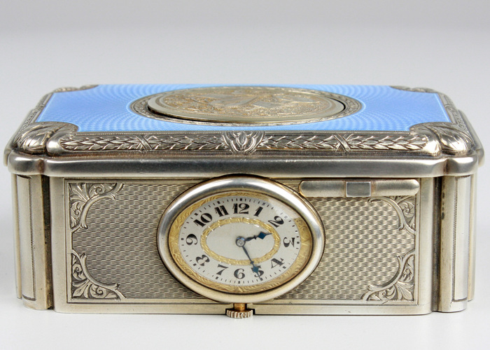 A very fine silver gilt and enamel singing bird box with timepiece, by C. H. Marguerat