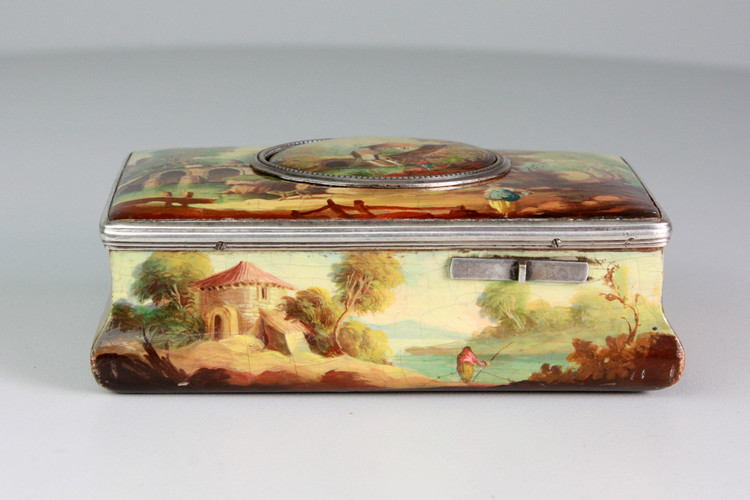 Finely painted antique sarcophagus-form wooden singing bird box, by E. Flajoulot retailed by Juvenia