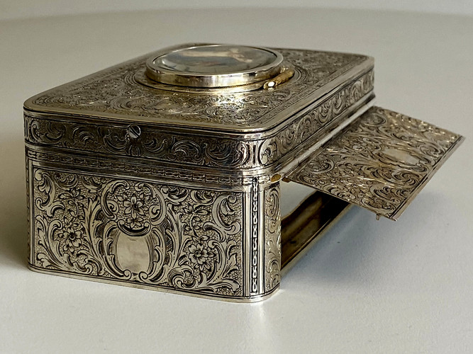 Engraved silver-gilt and painted ivorine pictorial study singing bird box,  Early-period Karl Griesbaum