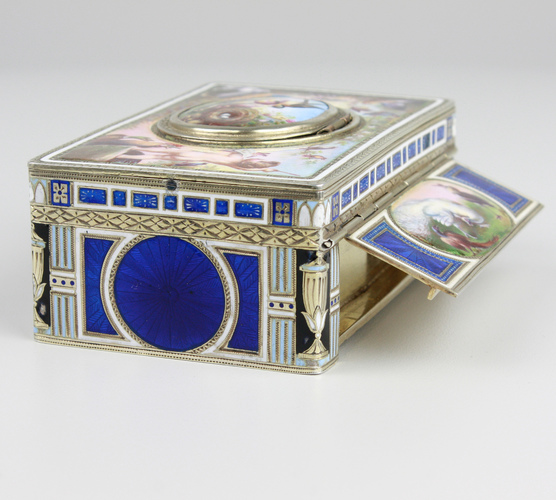 Exceptional silver and full pictorial enamel singing bird box, by Karl Griesbaum