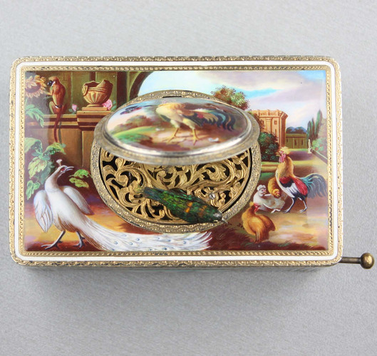 Silver-gilt and pictorial enamel singing bird box, by Karl Griesbaum