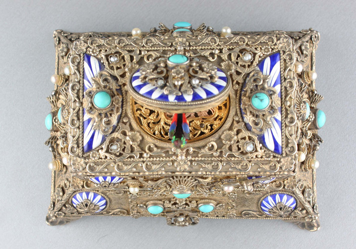 Silver gilt, enamel, pearl and turquoise mounted singing bird box, by Karl Griesbaum