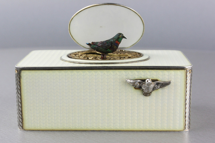  Silver and full cream guilloche enamel singing bird box