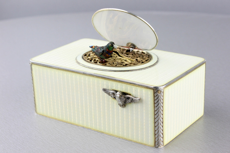  Silver and full cream guilloche enamel singing bird box