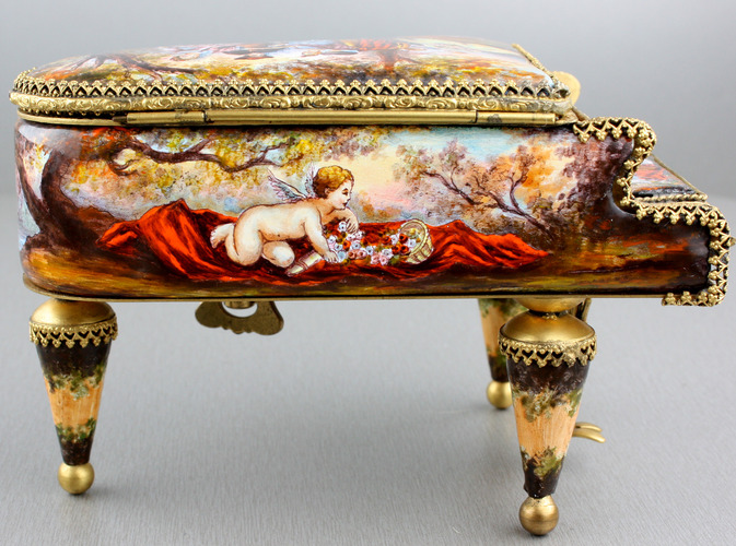 Vintage enamel and gilt metal grand piano musical box