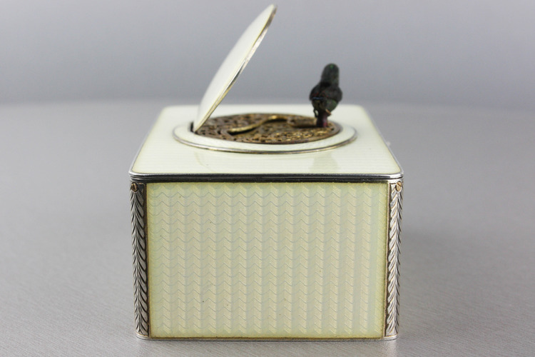  Silver and full cream guilloche enamel singing bird box