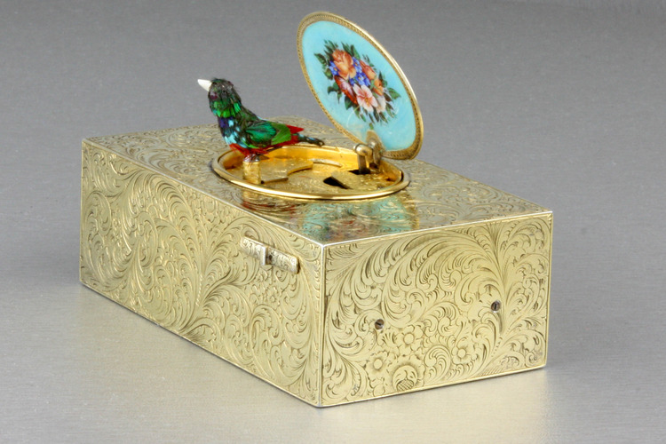 Antique silver-gilt and pictorial enamel singing bird box, by Rochat