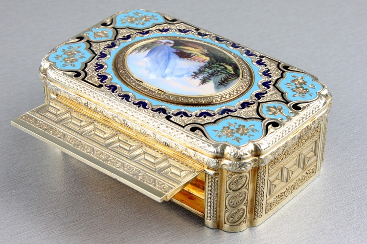 Antique tooled silver-gilt, enamel and pictorial enamel singing bird box, by Jacques Bruguier