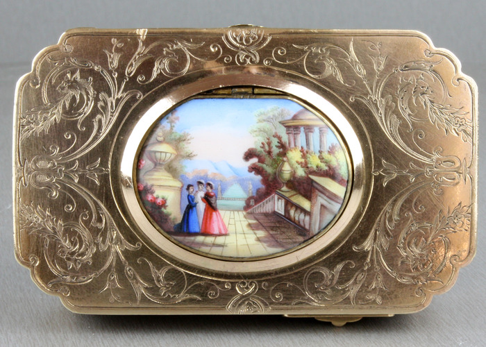 Antique gilt metal and pictorial enamel singing bird box, by Bontems