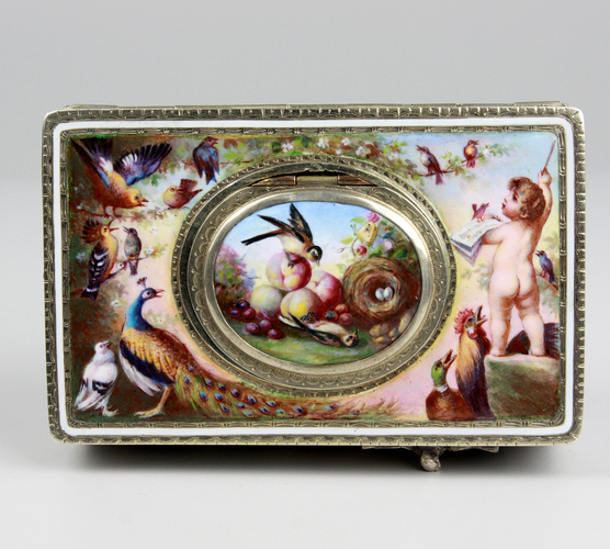 Exceptional silver and full pictorial enamel singing bird box, by Karl Griesbaum