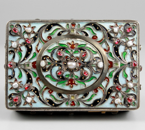 Silver and cloisonne enamel, garnet, pearl and aquamarine-set singing bird box