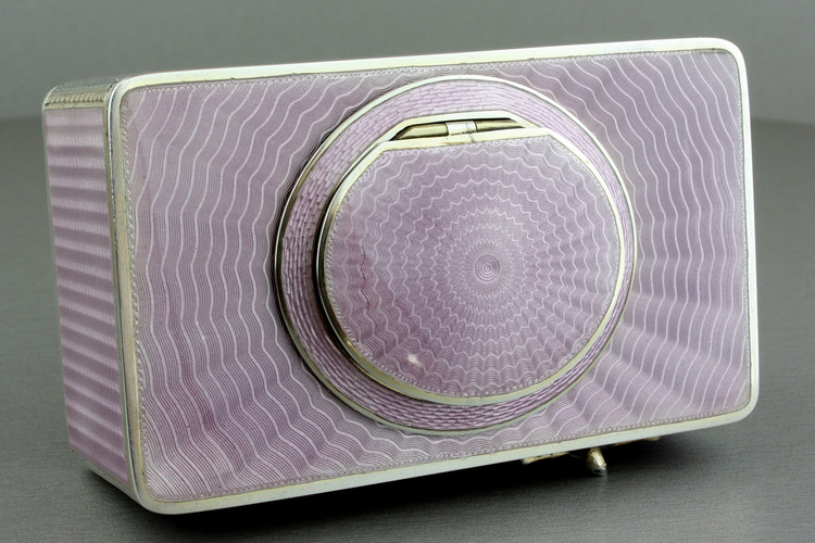 Silver and full lilac radial guilloche enamel singing bird box