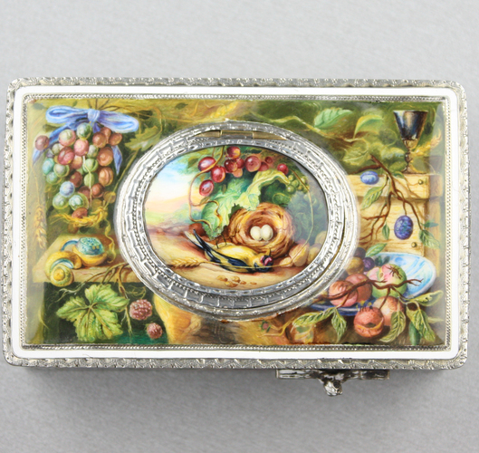 Silver-gilt and pictorial enamel Memento Mori singing bird box, by Karl Griesbaum