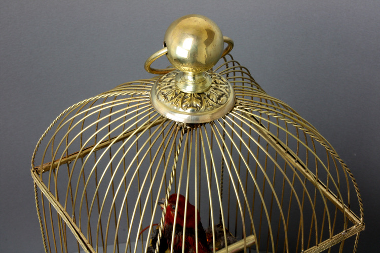 Antique double singing birds-in-cage with hungry chicks in nest, by Bontems