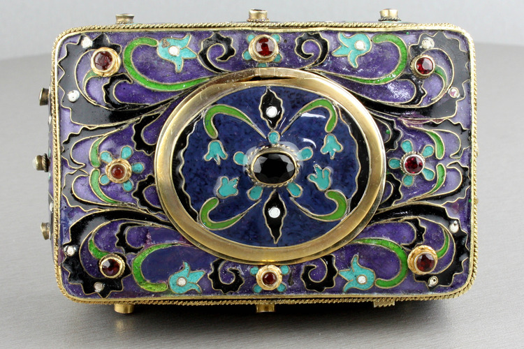 Vintage Art-Nouveau silver gilt, cloisonné enamel and garnet-set singing bird box