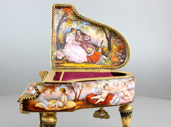 Vintage enamel and gilt metal grand piano musical box