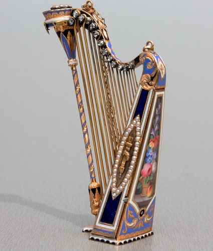 Gold, diamond, enamel and split seed pearl musical harp, by Bessiere & Schneider